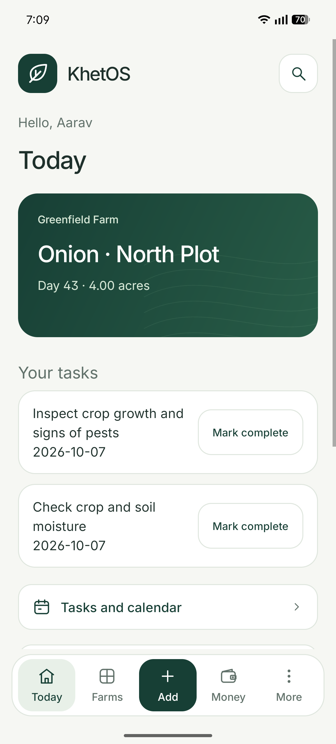 KhetOS Today screen with crop season, expenses and daily work shortcuts. Sample farm records.